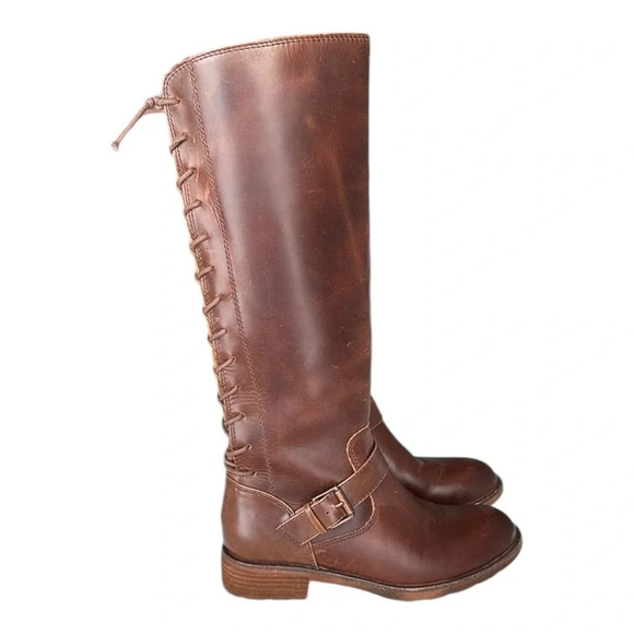 SOFFT Kristie Tall Boots Brown Leather Corset Lace Up Riding Biker Moto, 6.5 - Picture 1 of 16